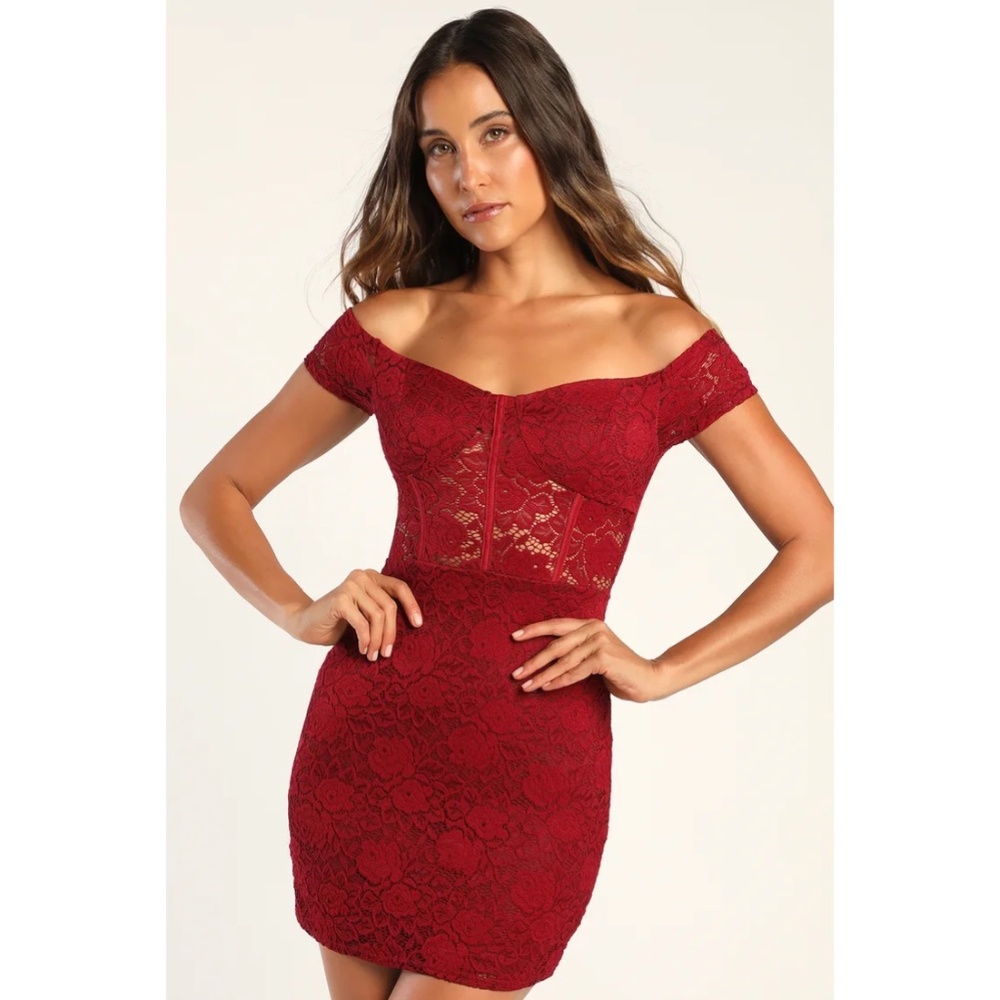 Lulu's Flirty Thoughts Wine Red Lace Off-the-Shoulder Bodycon Dress, Size L